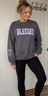 Young & Chic Gray Blessed Sweatshirt with Lavender Polka Dot Lettering and Bow D